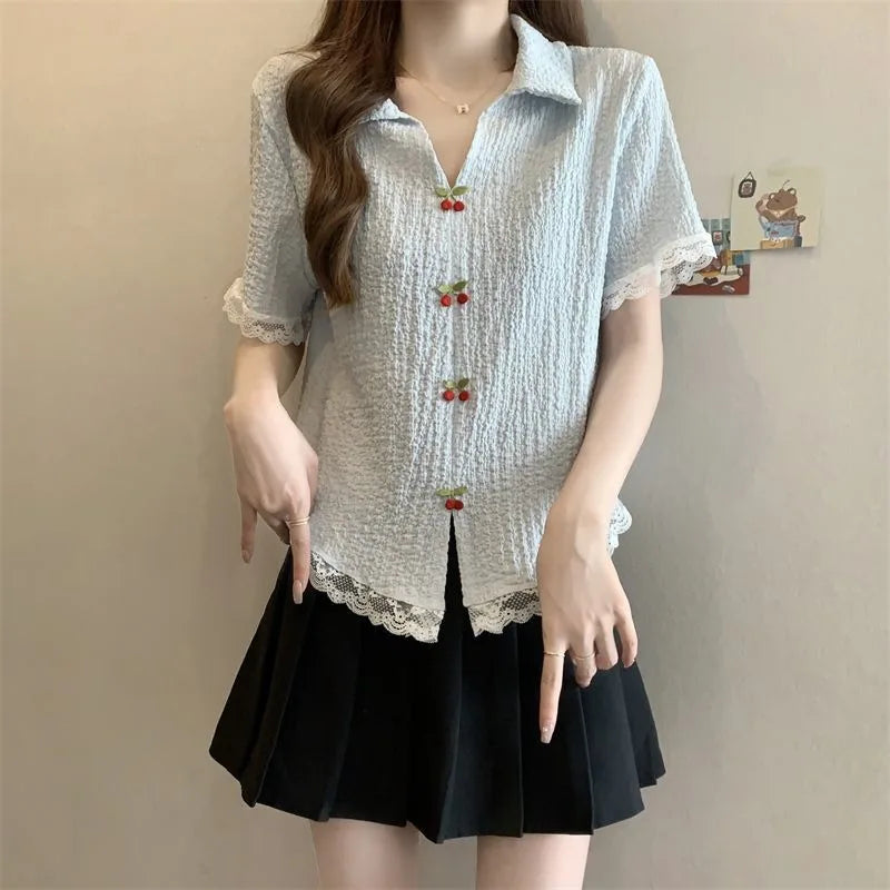 Women's Summer Cherry Button Blouse Textured Crinkle Fabric Lace Trim Short Sleeve Turn-Down Collar Casual Top