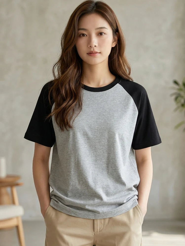 200G Cotton Raglan Short Sleeve Crew Neck Women's T Shirt 2026 Spring Summer Loose Versatile Casual Top Color Block Tees