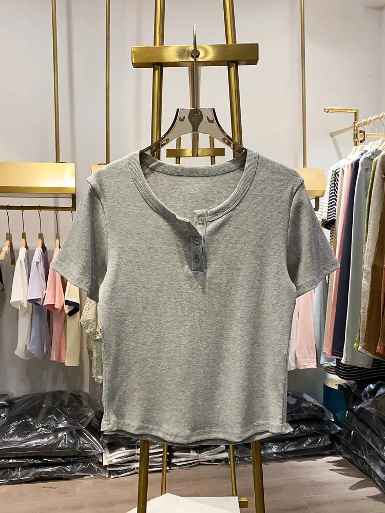 New Style Three-button Sweet Slim-fit Cropped Top Summer Round Neck Casual Short Sleeve Women's Retro Preppy Minimalist T-shirt