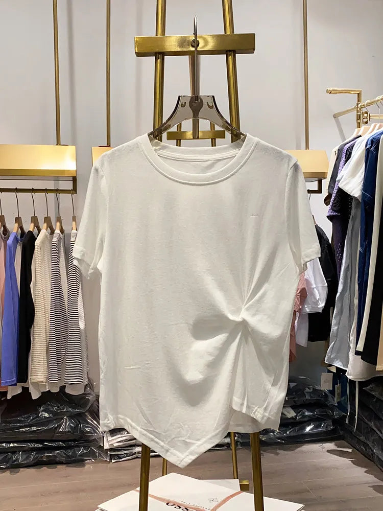 Women's Short Top Spring New Pleated Lace-up Asymmetric Solid Color Round Neck Short Sleeve Casual Minimalist Fashion T-shirt